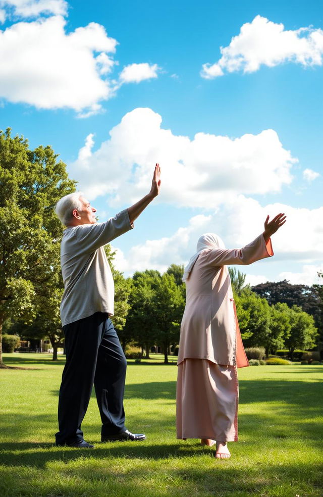 A heartwarming scene depicting parents practicing tai chi together in a serene outdoor setting