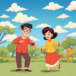 An animated illustration depicting parents practicing tai chi in a vibrant outdoor setting