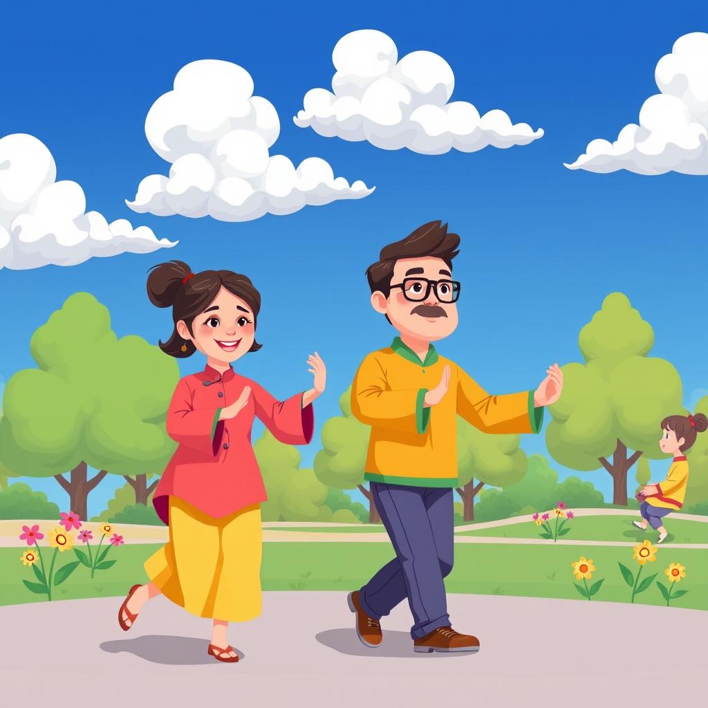 An animated illustration depicting parents practicing tai chi in a vibrant outdoor setting