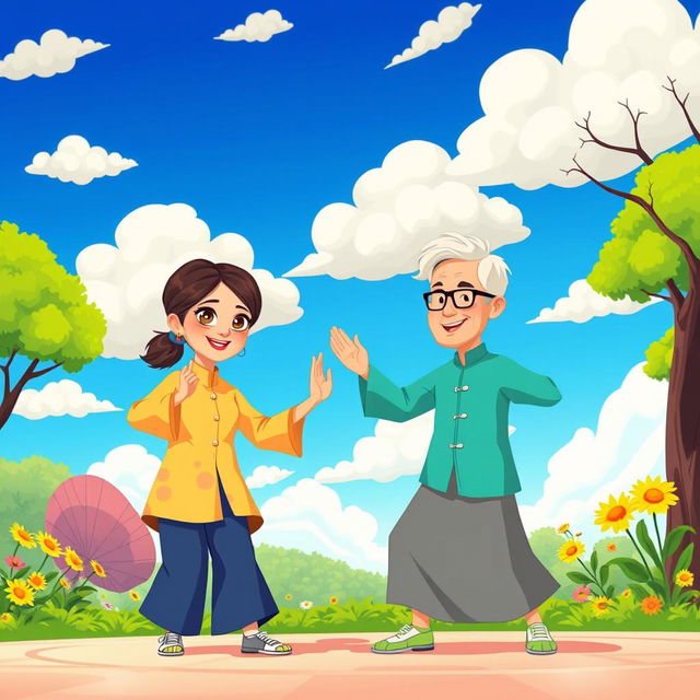 An animated illustration depicting parents practicing tai chi in a vibrant outdoor setting