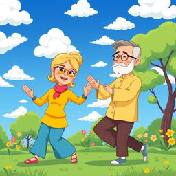An animated illustration depicting parents practicing tai chi in a vibrant outdoor setting