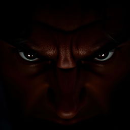 A close-up of a pair of intense, angry eyes glaring at the viewer, with deep shadows and dramatic lighting creating a fierce and powerful aura