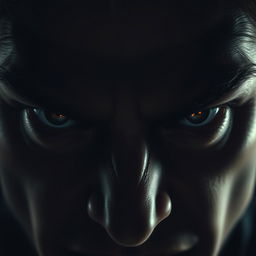 A close-up of a pair of intense, angry eyes glaring at the viewer, with deep shadows and dramatic lighting creating a fierce and powerful aura