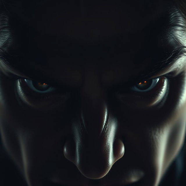 A close-up of a pair of intense, angry eyes glaring at the viewer, with deep shadows and dramatic lighting creating a fierce and powerful aura