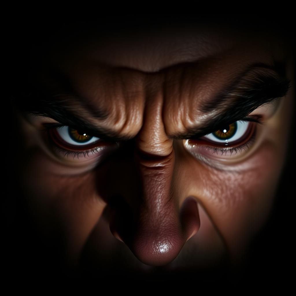 A close-up of a pair of intense, angry eyes glaring at the viewer, with deep shadows and dramatic lighting creating a fierce and powerful aura