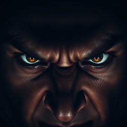 A close-up of a pair of intense, angry eyes glaring at the viewer, with deep shadows and dramatic lighting creating a fierce and powerful aura