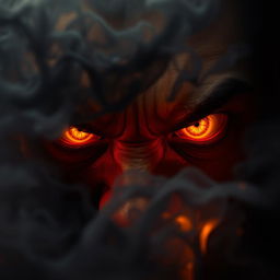 A striking close-up of a pair of fierce, glowing amber eyes filled with rage and intensity
