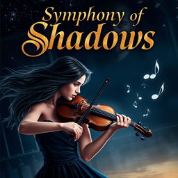 A captivating romance novel cover for 'Symphony of Shadows'