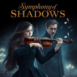 A captivating romance novel cover for 'Symphony of Shadows'