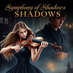 A captivating romance novel cover for 'Symphony of Shadows'