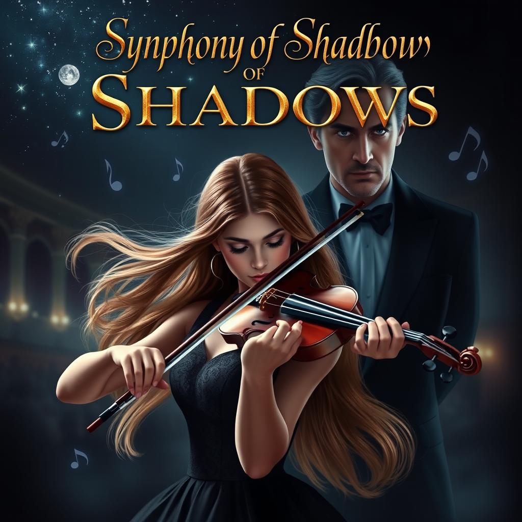 A captivating romance novel cover for 'Symphony of Shadows'