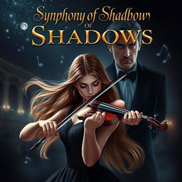 A captivating romance novel cover for 'Symphony of Shadows'