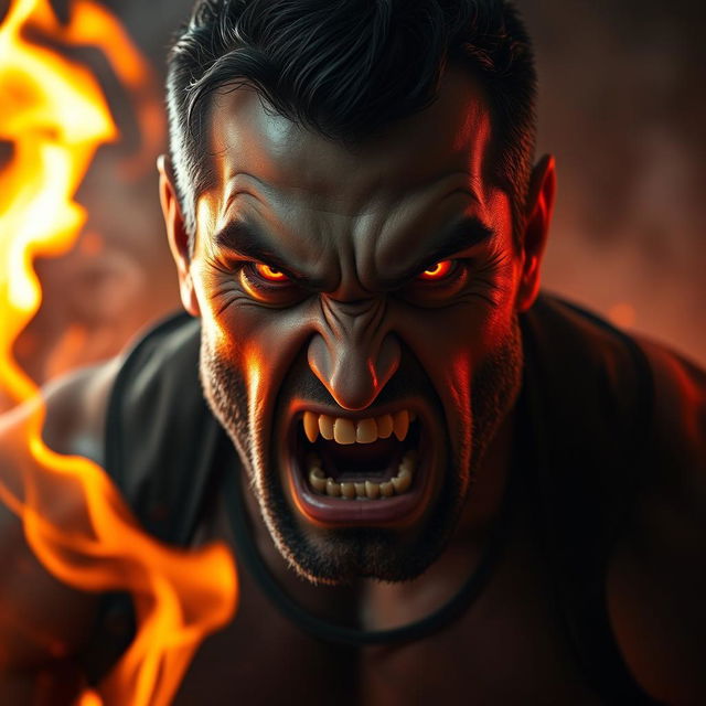 A furious man with glowing fire-like eyes, his face contorted in anger