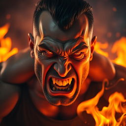 A furious man with glowing fire-like eyes, his face contorted in anger