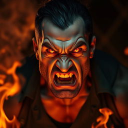 A furious man with glowing fire-like eyes, his face contorted in anger