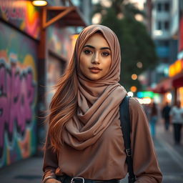A beautiful Muslim girl wearing a stylish hijab, standing confidently in an urban setting