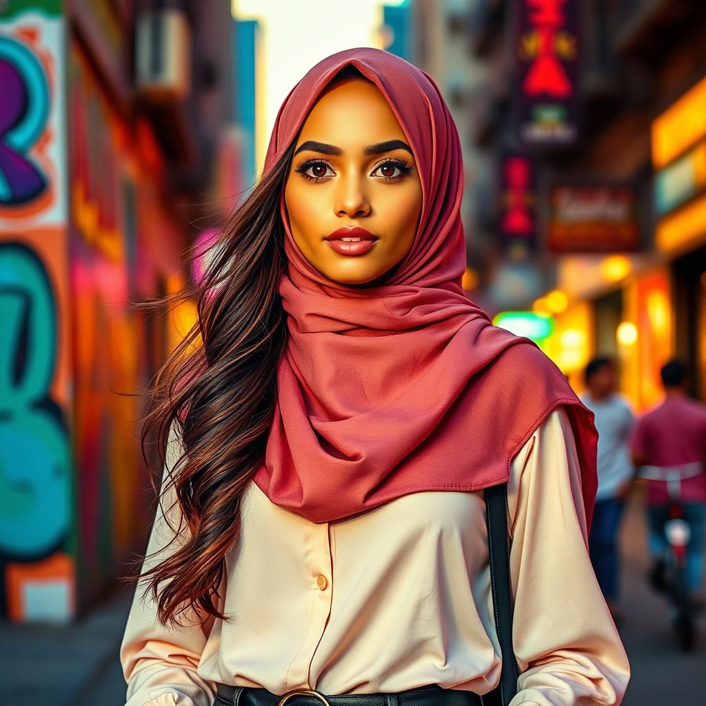 A beautiful Muslim girl wearing a stylish hijab, standing confidently in an urban setting
