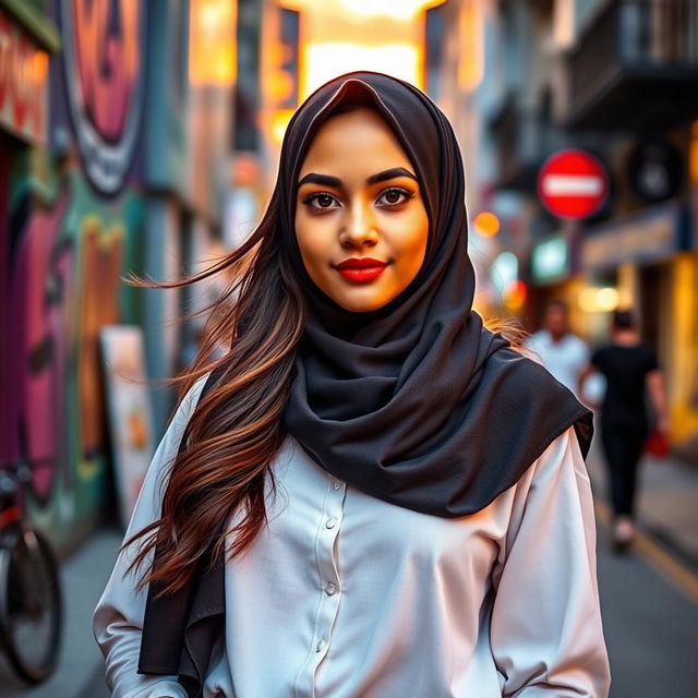 A beautiful Muslim girl wearing a stylish hijab, standing confidently in an urban setting