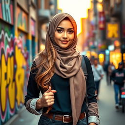 A beautiful Muslim girl wearing a stylish hijab, standing confidently in an urban setting