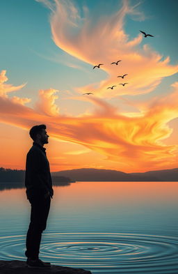 A serene and peaceful scene depicting the concept of forgiveness, featuring a person standing near a tranquil lake during sunset