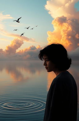 A serene and peaceful scene depicting the concept of forgiveness, featuring a person standing near a tranquil lake during sunset