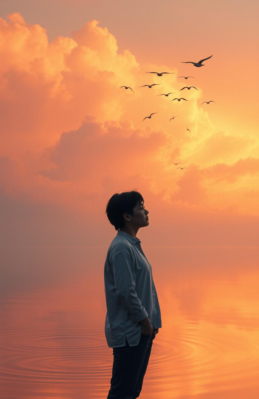 A serene and peaceful scene depicting the concept of forgiveness, featuring a person standing near a tranquil lake during sunset