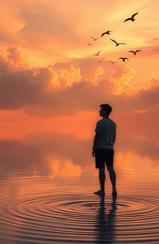 A serene and peaceful scene depicting the concept of forgiveness, featuring a person standing near a tranquil lake during sunset