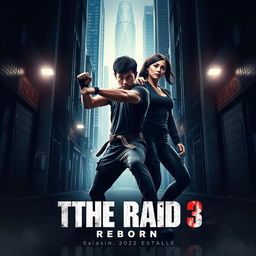 An electrifying teaser poster for 'The Raid 3: Reborn' (2024), showcasing Iko Uwais and Julie Estelle