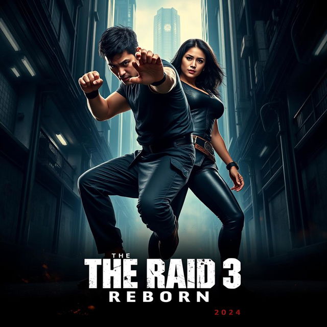 An electrifying teaser poster for 'The Raid 3: Reborn' (2024), showcasing Iko Uwais and Julie Estelle