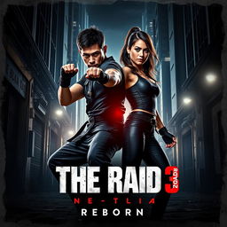 An electrifying teaser poster for 'The Raid 3: Reborn' (2024), showcasing Iko Uwais and Julie Estelle