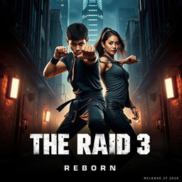 An electrifying teaser poster for 'The Raid 3: Reborn' (2024), showcasing Iko Uwais and Julie Estelle