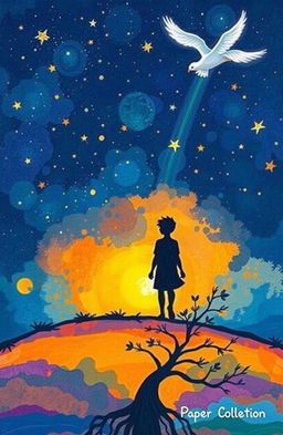 An illustration for a poetry collection featuring a starry night sky with deep blue hues and touches of gold, symbolizing dreams and hope shining through darkness