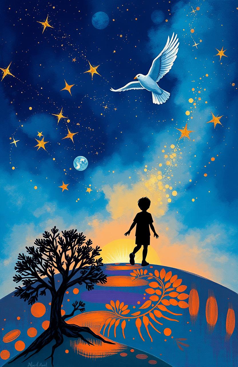 An illustration for a poetry collection featuring a starry night sky with deep blue hues and touches of gold, symbolizing dreams and hope shining through darkness
