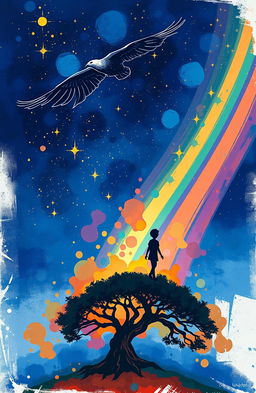 An illustration for a poetry collection featuring a starry night sky with deep blue hues and touches of gold, symbolizing dreams and hope shining through darkness