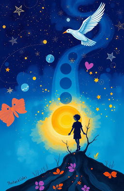 An illustration for a poetry collection featuring a starry night sky with deep blue hues and touches of gold, symbolizing dreams and hope shining through darkness