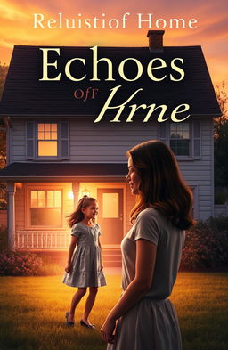 A book cover design for 'Echoes of Home', featuring a young woman, around 20 years old, standing in front of her charming childhood home