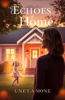 A book cover design for 'Echoes of Home', featuring a young woman, around 20 years old, standing in front of her charming childhood home