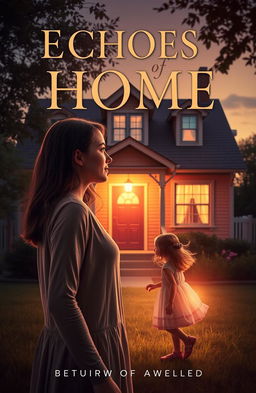 A book cover design for 'Echoes of Home', featuring a young woman, around 20 years old, standing in front of her charming childhood home