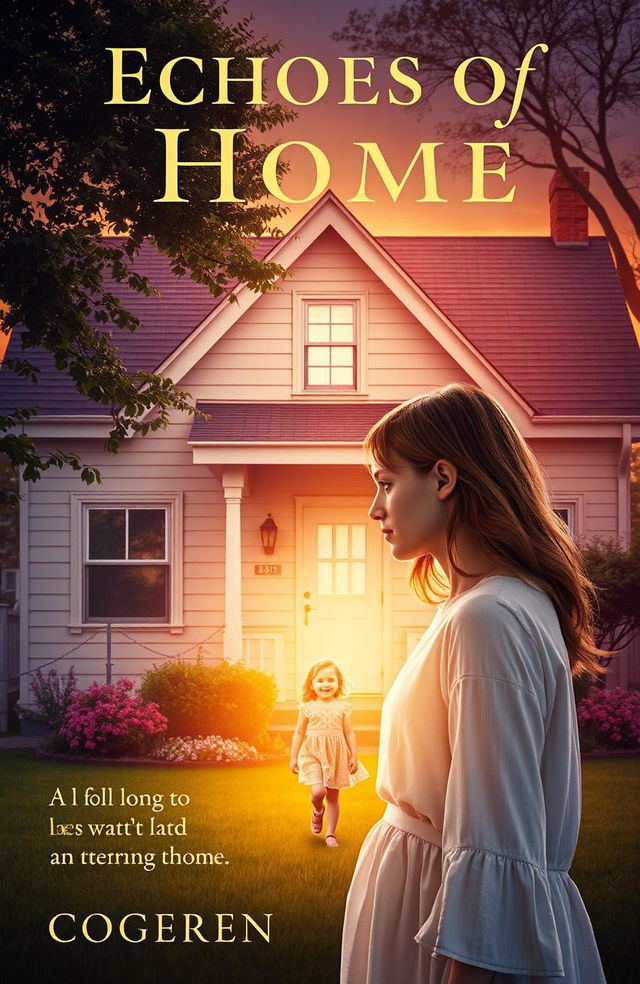 A book cover design for 'Echoes of Home', featuring a young woman, around 20 years old, standing in front of her charming childhood home