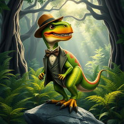 A dapper dinosaur dressed in a classy outfit, complete with a tailored suit, bow tie, and stylish hat, standing confidently with one foot on a rock in a lush prehistoric jungle setting