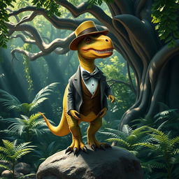 A dapper dinosaur dressed in a classy outfit, complete with a tailored suit, bow tie, and stylish hat, standing confidently with one foot on a rock in a lush prehistoric jungle setting