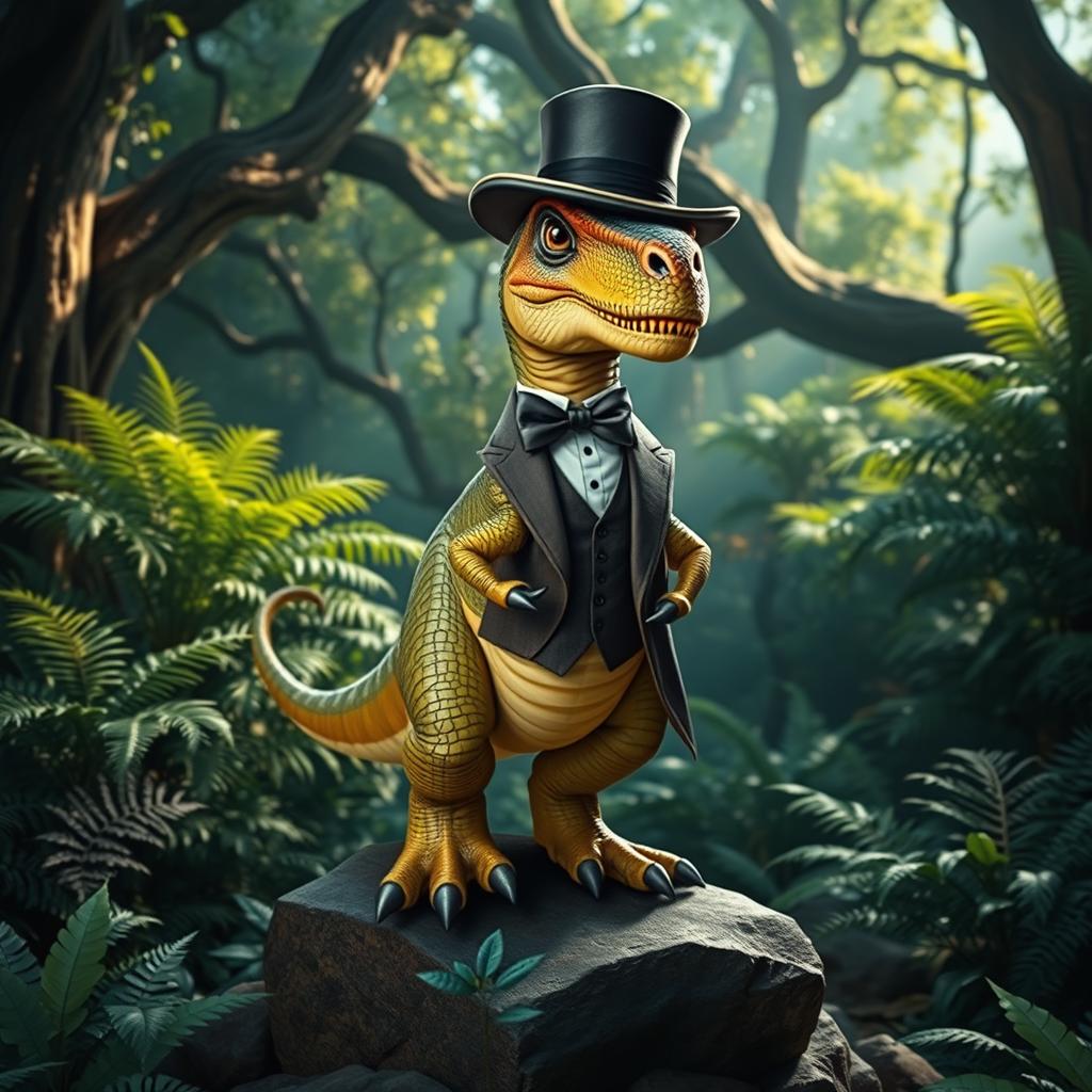 A dapper dinosaur dressed in a classy outfit, complete with a tailored suit, bow tie, and stylish hat, standing confidently with one foot on a rock in a lush prehistoric jungle setting