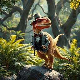 A dapper dinosaur dressed in a classy outfit, complete with a tailored suit, bow tie, and stylish hat, standing confidently with one foot on a rock in a lush prehistoric jungle setting