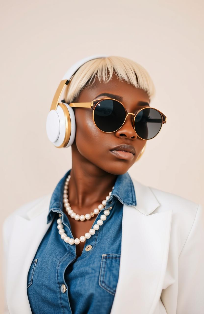 A stylish Nigerian woman with low cut cream-colored hair, wearing large gold and white over-ear headphones