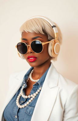 A stylish Nigerian woman with low cut cream-colored hair, wearing large gold and white over-ear headphones