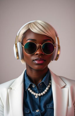 A stylish Nigerian woman with low cut cream-colored hair, wearing large gold and white over-ear headphones