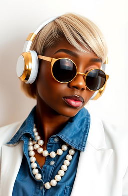 A stylish Nigerian woman with low cut cream-colored hair, wearing large gold and white over-ear headphones