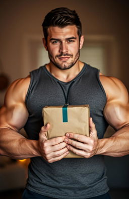 A handsome, strong man holding a package in his muscular arms, shown from the chest down