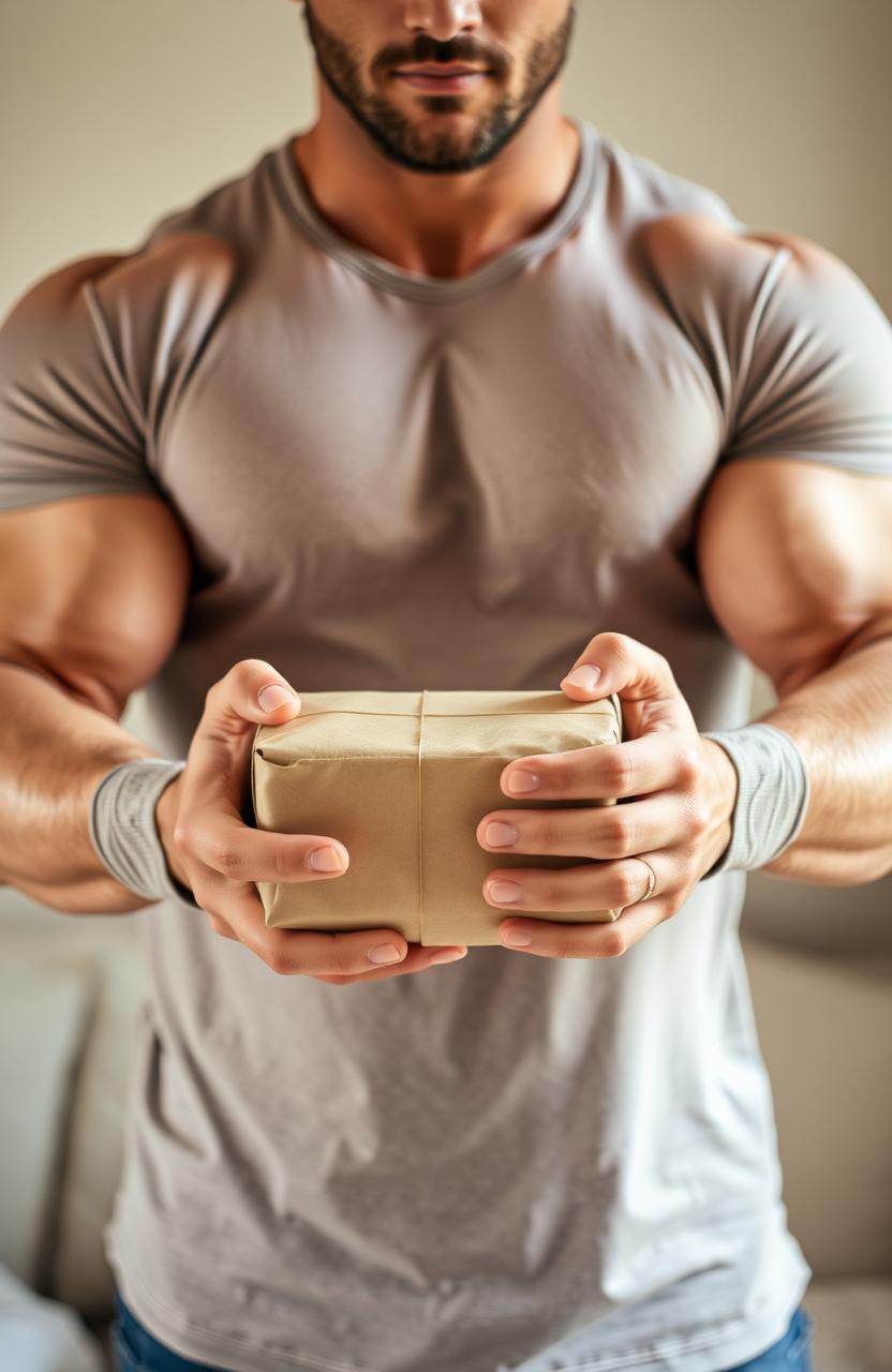 A handsome, strong man holding a package in his muscular arms, shown from the chest down