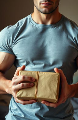 A handsome, strong man holding a package in his muscular arms, shown from the chest down